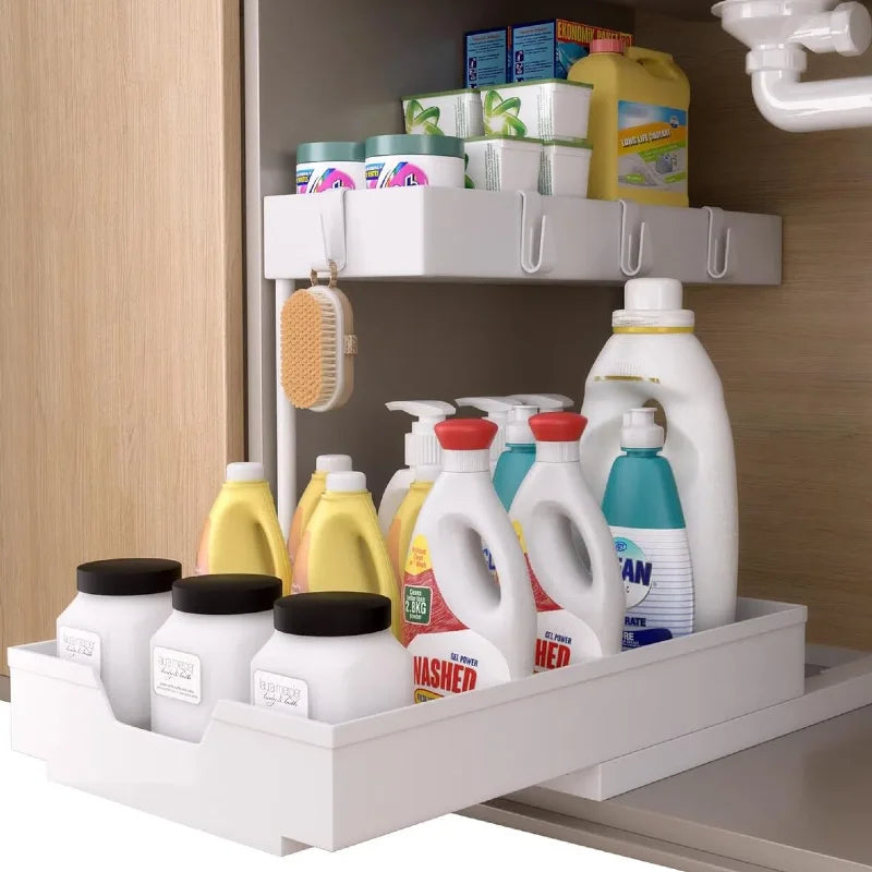 Under-sink storage rack for bathrooms, and countertops