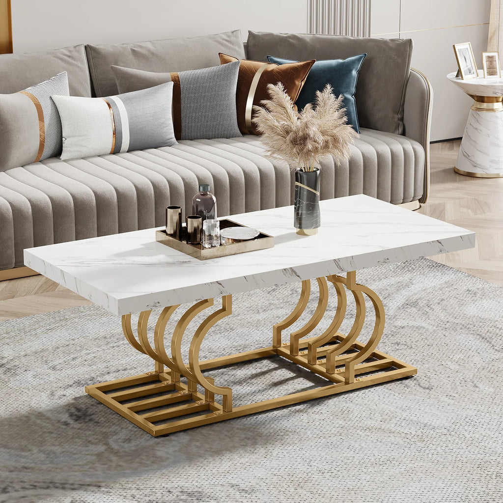Tribesigns Rectangle Coffee Table, 47.24-inch Modern Coffee Tables for Living Room, 2-Tier Faux Marble Wood Coffee Table