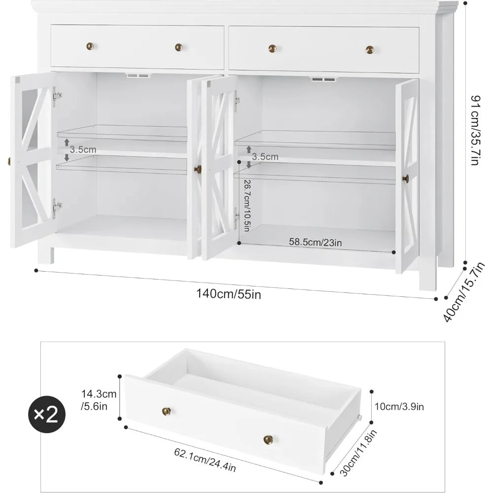 Large Sideboard Kitchen Cabinet with 2 Drawers and 4 Glass Doors, White