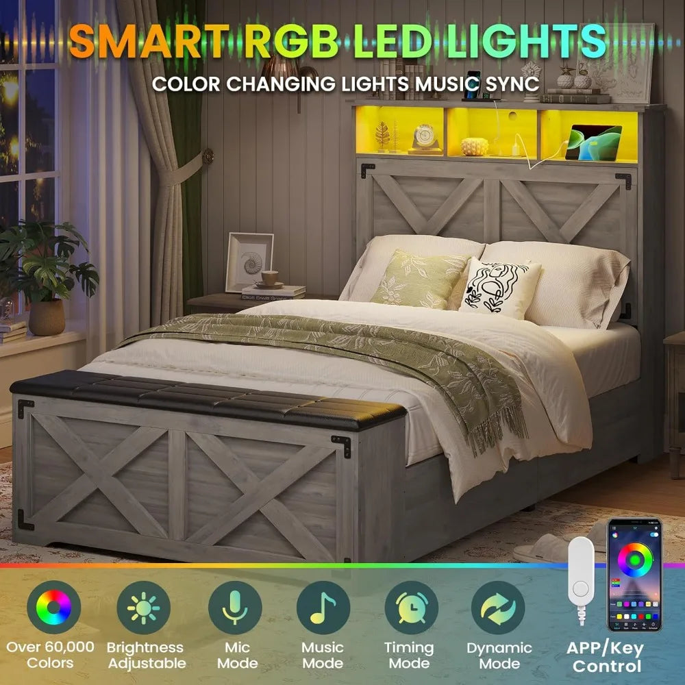 Farmhouse Twin Bed Frame with Storage Headboard, Charging Station, LED Lights & Ottoman - No Box Spring