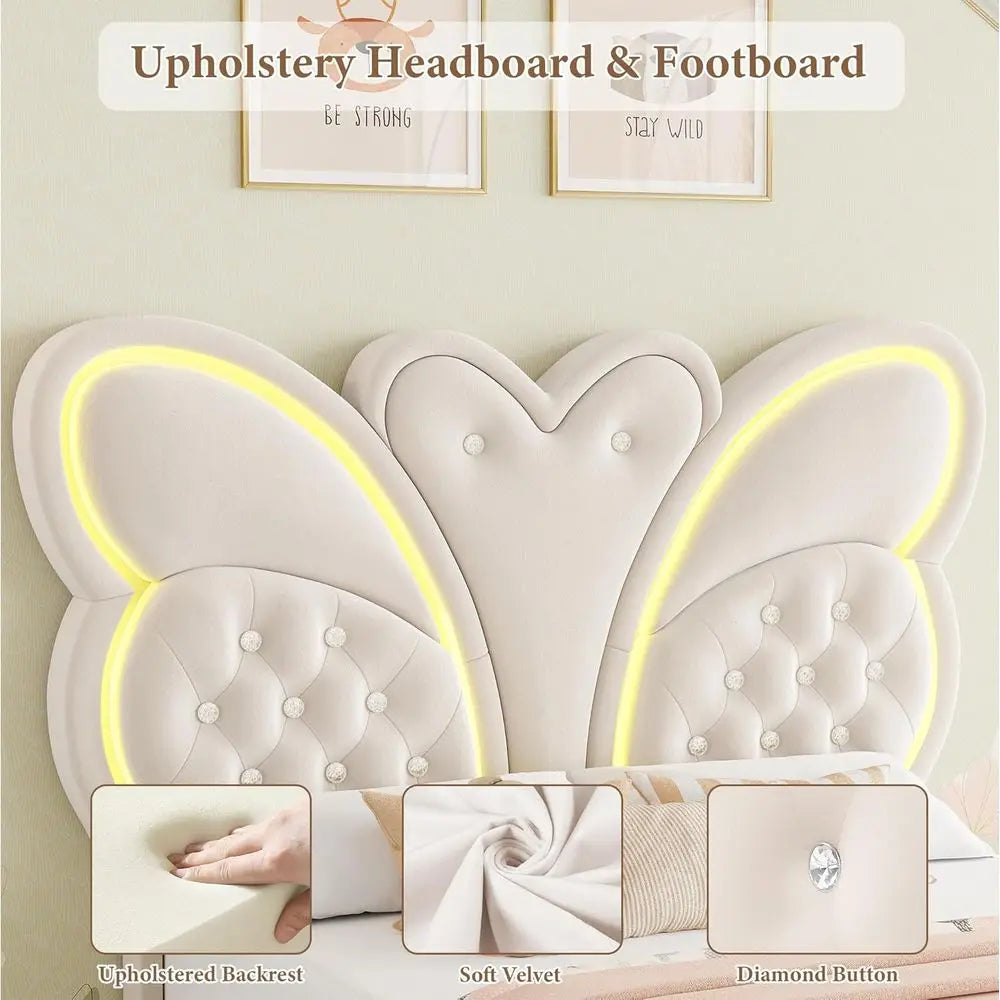 Modern Butterfly-Pattern Twin Bed Frame with LED Lights, Button Tufted Upholstered Headboard and Footboard, Slat Support