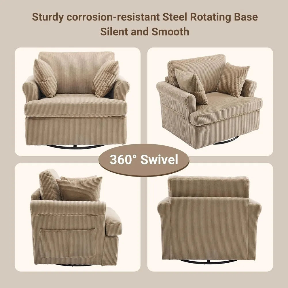 Swivel Oversized Seat Armchair W/2 Pillows and 4 Pockets