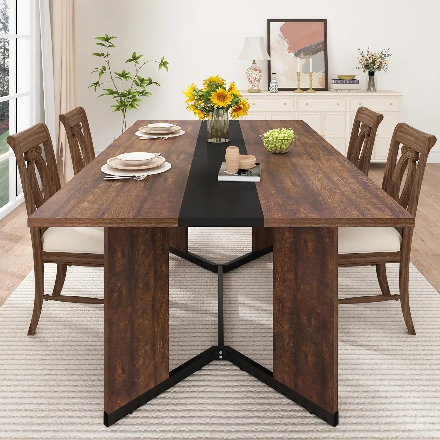 71 inch Dining Table, Modern Rectangular Kitchen Table W/Waterproof Wood Tabletop, Farmhouse