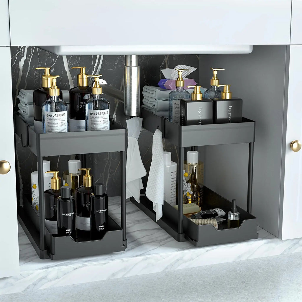 Under-sink storage rack for bathrooms, and countertops