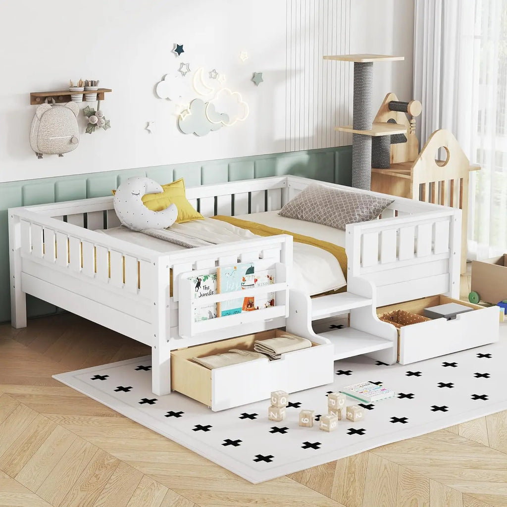 Full Size Kids Montessori Bed Frame with Stairs Bookshelf Drawers Storage Low Profile, Customized