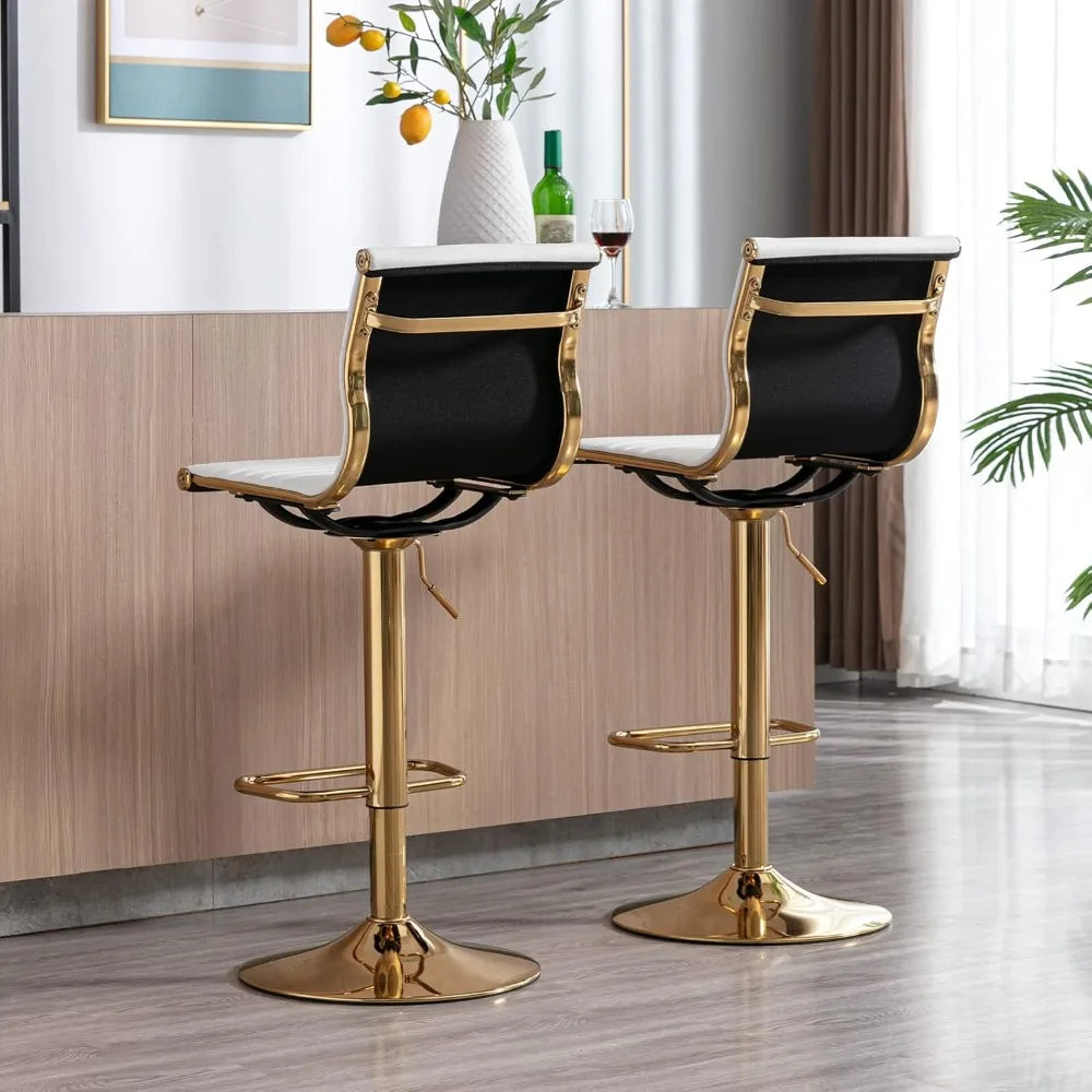Adjustable Bar Stools Set of 2, White Faux Leather Counter Height Chairs with Gold Base, 360° Swivel