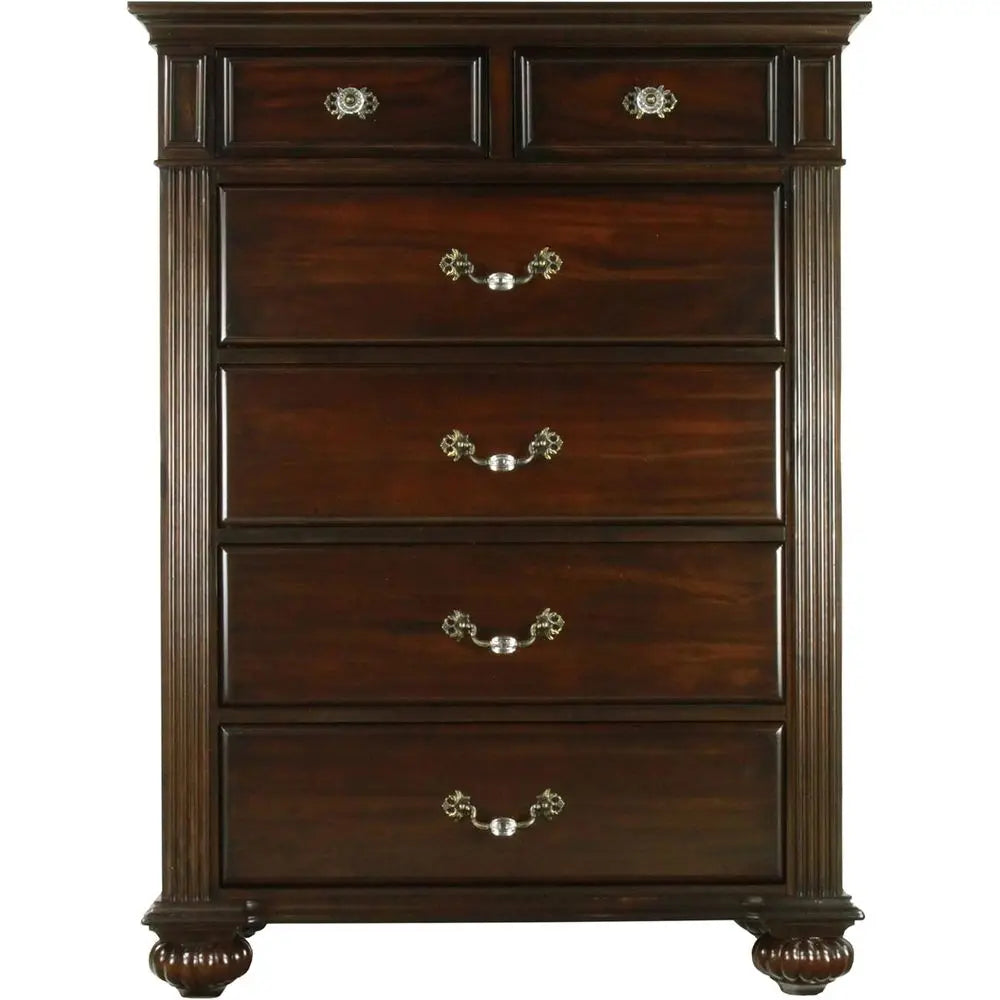 6-Piece Solid Wood Traditional Bedroom Set with Chest, Mirrored Dresser, 2 Nightstands, Requires Box Spring, Queen Size