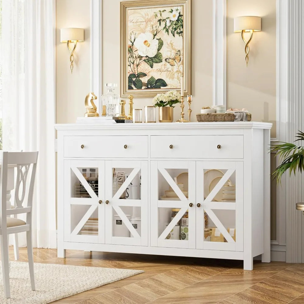Large Sideboard Kitchen Cabinet with 2 Drawers and 4 Glass Doors, White