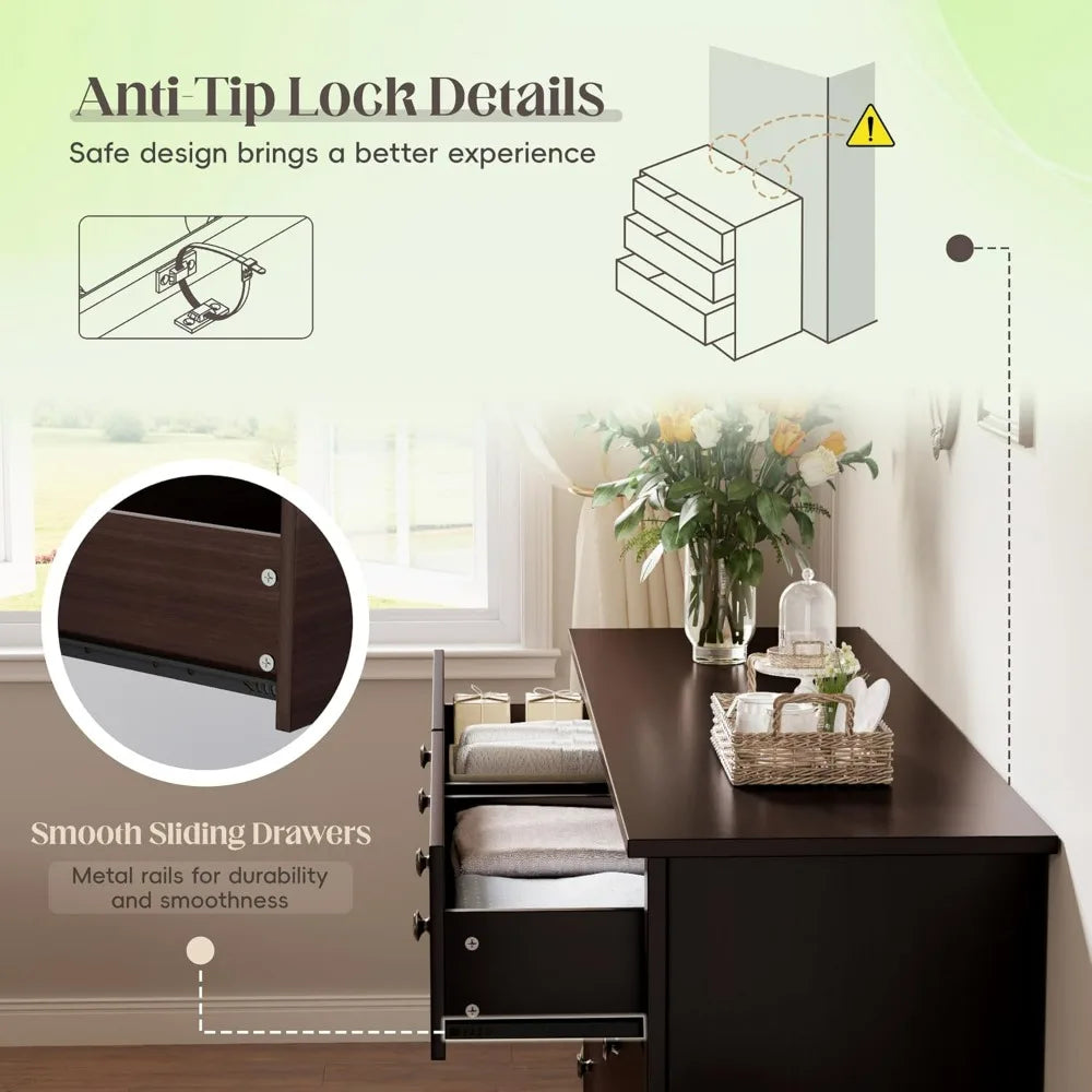 JUMMICO Dresser for Bedroom, 6 Wood Dresser Drawers, Wide Chest of Drawers, Storage Tower Unit Modern Design Bedroom Living Room