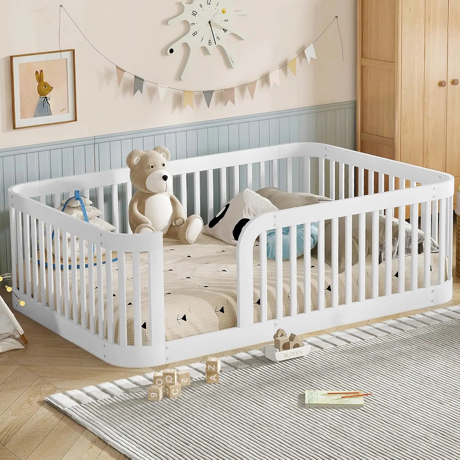Full Size Kids Montessori Bed Frame with Stairs Bookshelf Drawers Storage Low Profile, Customized