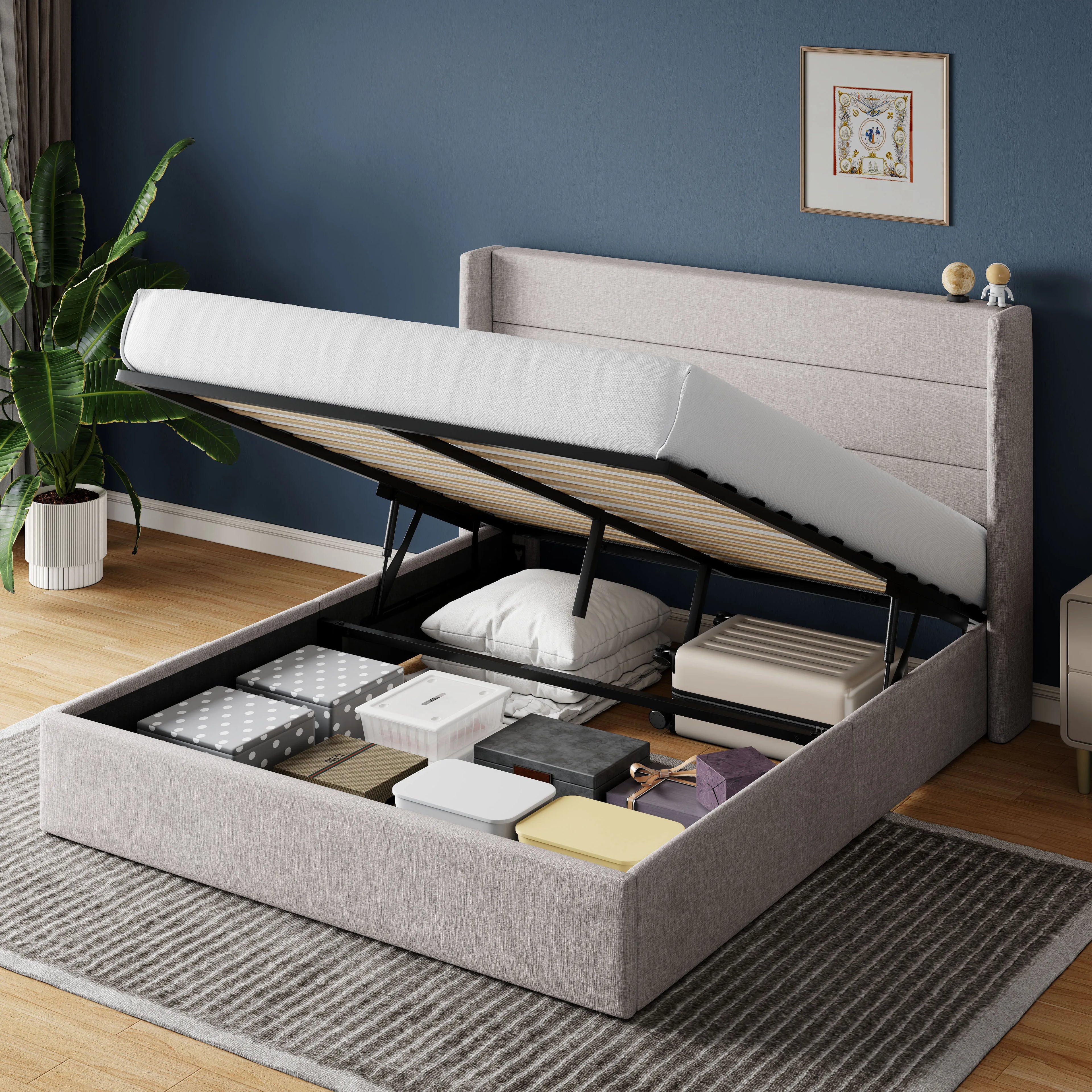 Lift Up Storage Bed with Wingback Headboard Large Underneath Storage