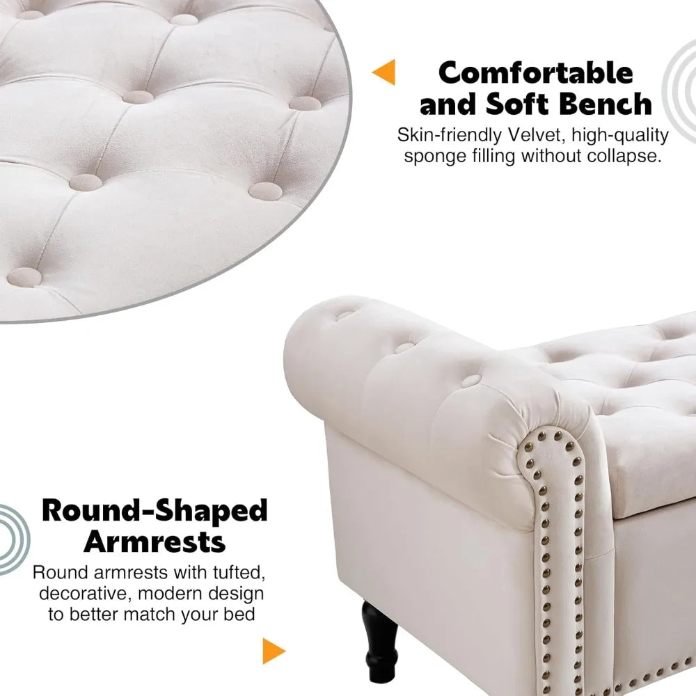 67'' Velvet Storage Bench for King Size Bed, Upholstered Tufted Ottoman with Arms for Bedroom, Living Room, Entryway in Beige