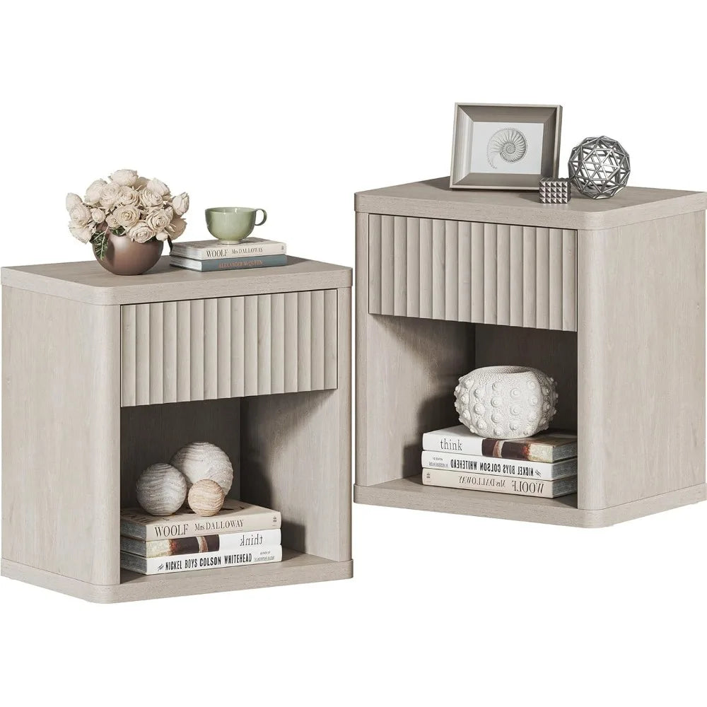 Set of 2 Nightstands with Drawer Storage Fluted Bed Side Table