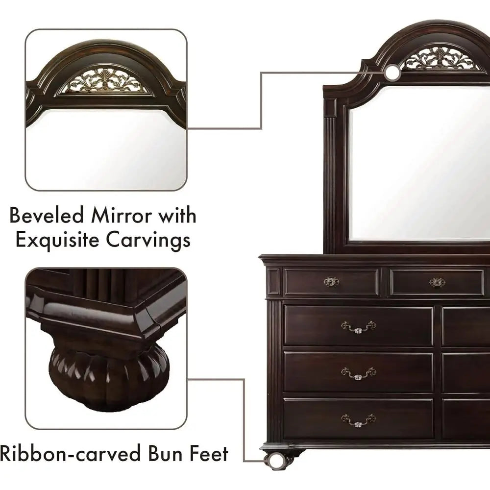 6-Piece Solid Wood Traditional Bedroom Set with Chest, Mirrored Dresser, 2 Nightstands, Requires Box Spring, Queen Size