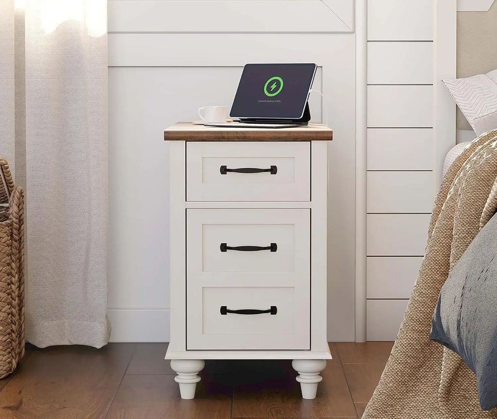 End Table with Charging Station, White Side Table with Storage Cabinet and Drawer, Wood Nightstand with Power Outlets & USB Port