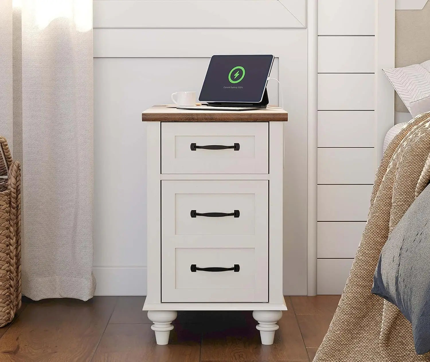 End Table with Charging Station, White Side Table with Storage Cabinet and Drawer, Wood Nightstand with Power Outlets & USB Port