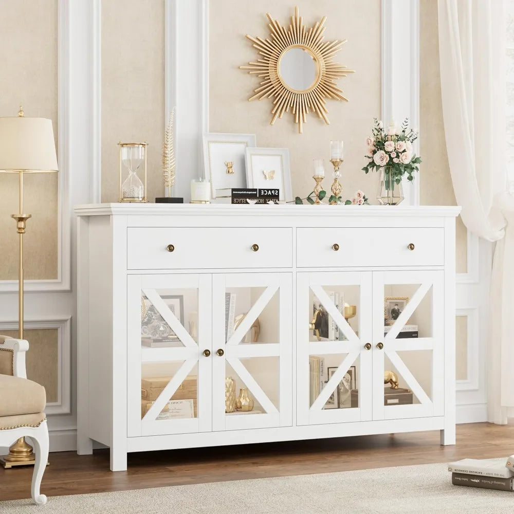 Large Sideboard Kitchen Cabinet with 2 Drawers and 4 Glass Doors, White