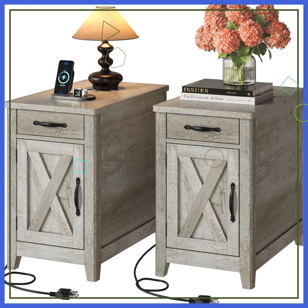 Farmhouse End Table Set of 2 with Charging Station, USB Ports & Outlets, Drawer & Cup Holder for Living Room Bedside