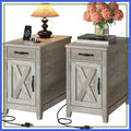 Farmhouse End Table Set of 2 with Charging Station, USB Ports & Outlets, Drawer & Cup Holder for Living Room Bedside