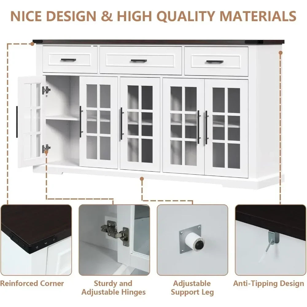 63" large buffet sideboard cabinet with storage, farmhouse buffet table with 3 drawers & 5 glass doors, modern
