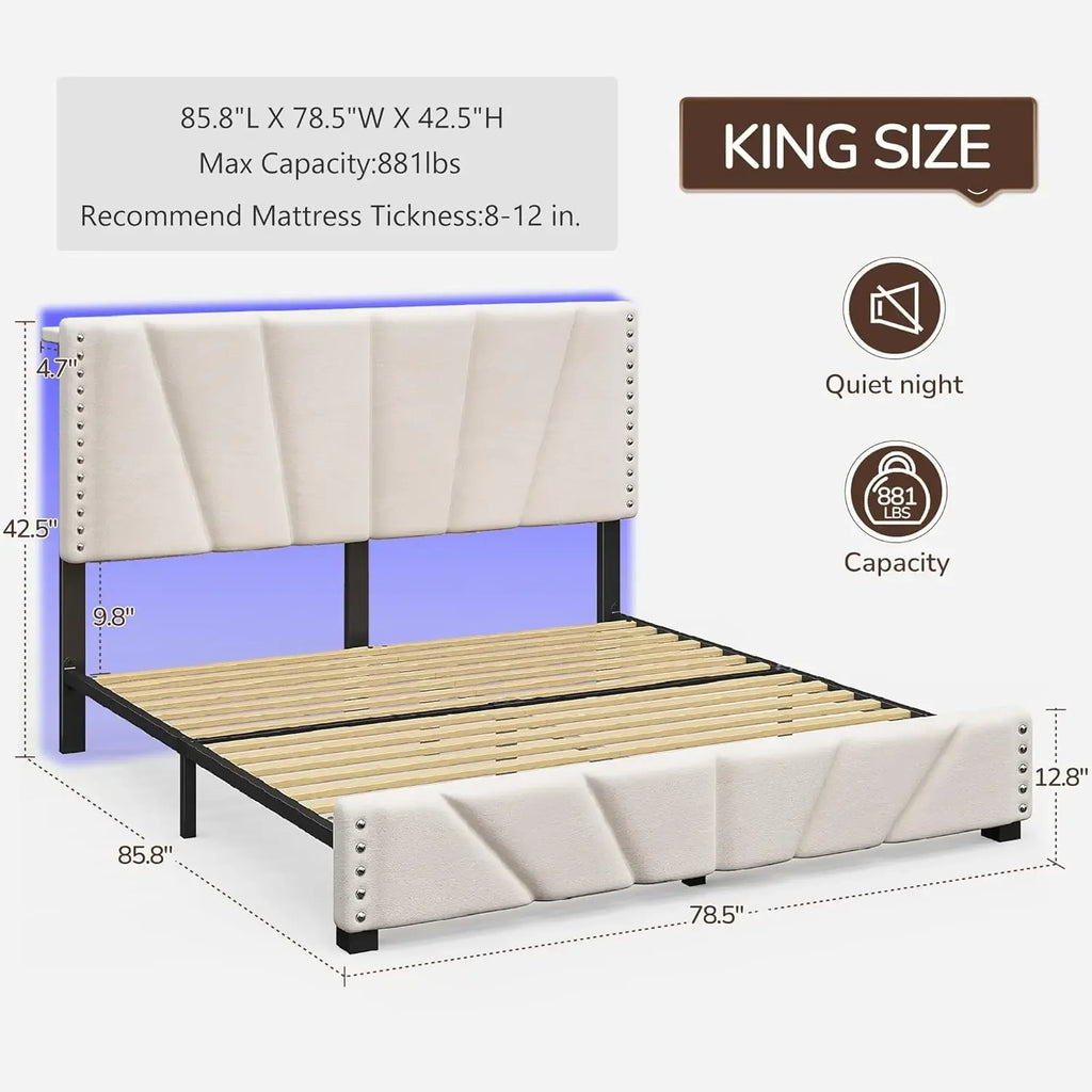 Velvet Headboard and LED Lights， Storage Headboard Platform Bed with Charging Station