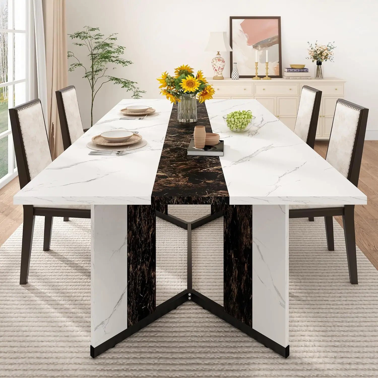 71 inch Dining Table, Modern Rectangular Kitchen Table W/Waterproof Wood Tabletop, Farmhouse