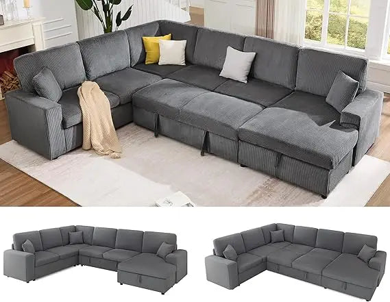 130 Sofa Bed, Sleeper Sofa, Pull Out Sleeper Couch with Storage, Convertible 6-Seater Sofa Bed for Living Room, Cordur