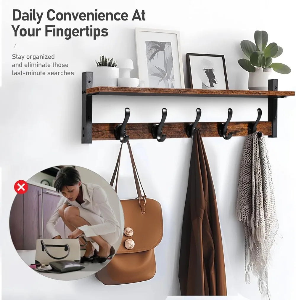 29' Rustic Coat Rack Wall Mount with Shelf, Entryway Wall Hooks with Shelf, Coat Hangers for Bathroom, Living Room, Bedroom