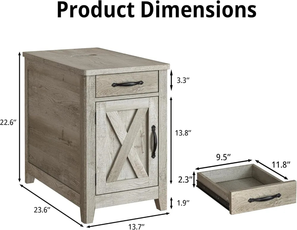 Farmhouse End Table Set of 2 with Charging Station, USB Ports & Outlets, Drawer & Cup Holder for Living Room Bedside