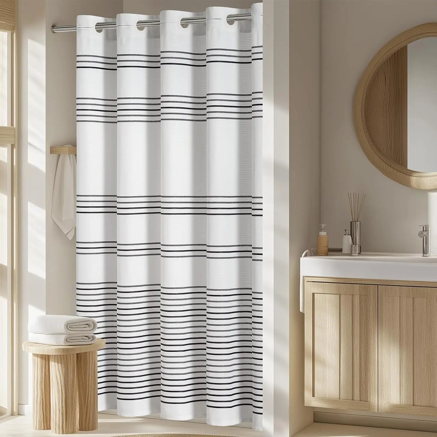 Hookless Shower Curtain Black White Striped Waterproof Fabric Bathroom Hotel Spa Modern Elegant No Hook 70x72 Inches