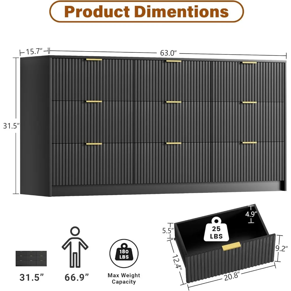 Modern Black Dresser with 9 Drawers, Golden Handles, Smooth Slides for Bedroom Living Room Storage