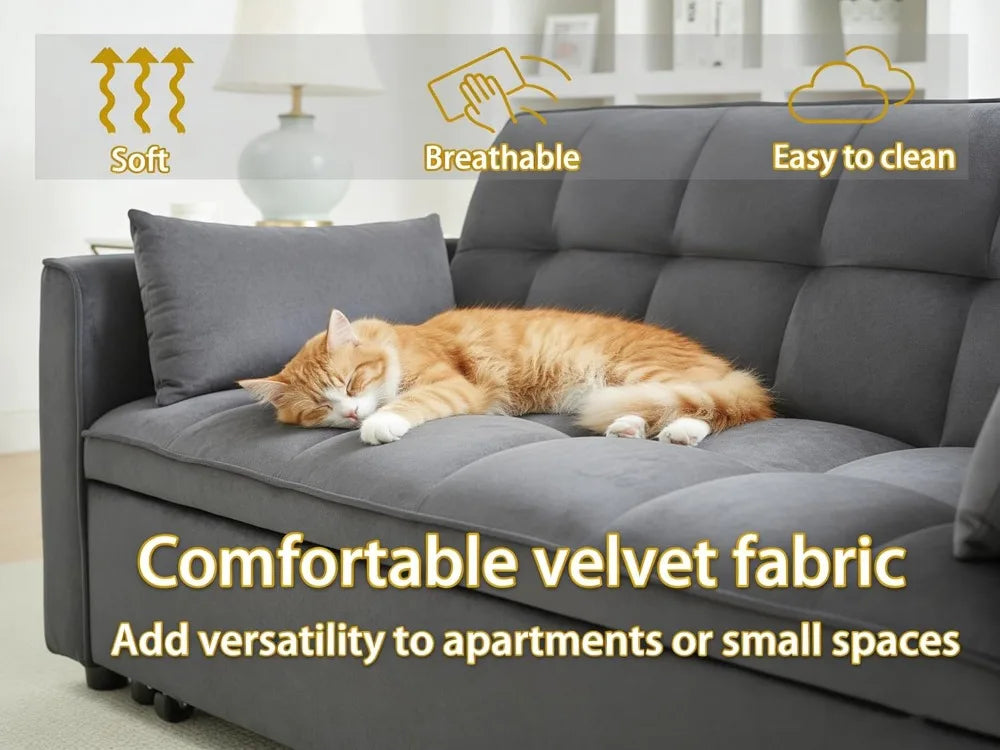 70" Velvet Sleeper Sofa Bed with Adjustable Back & Storage