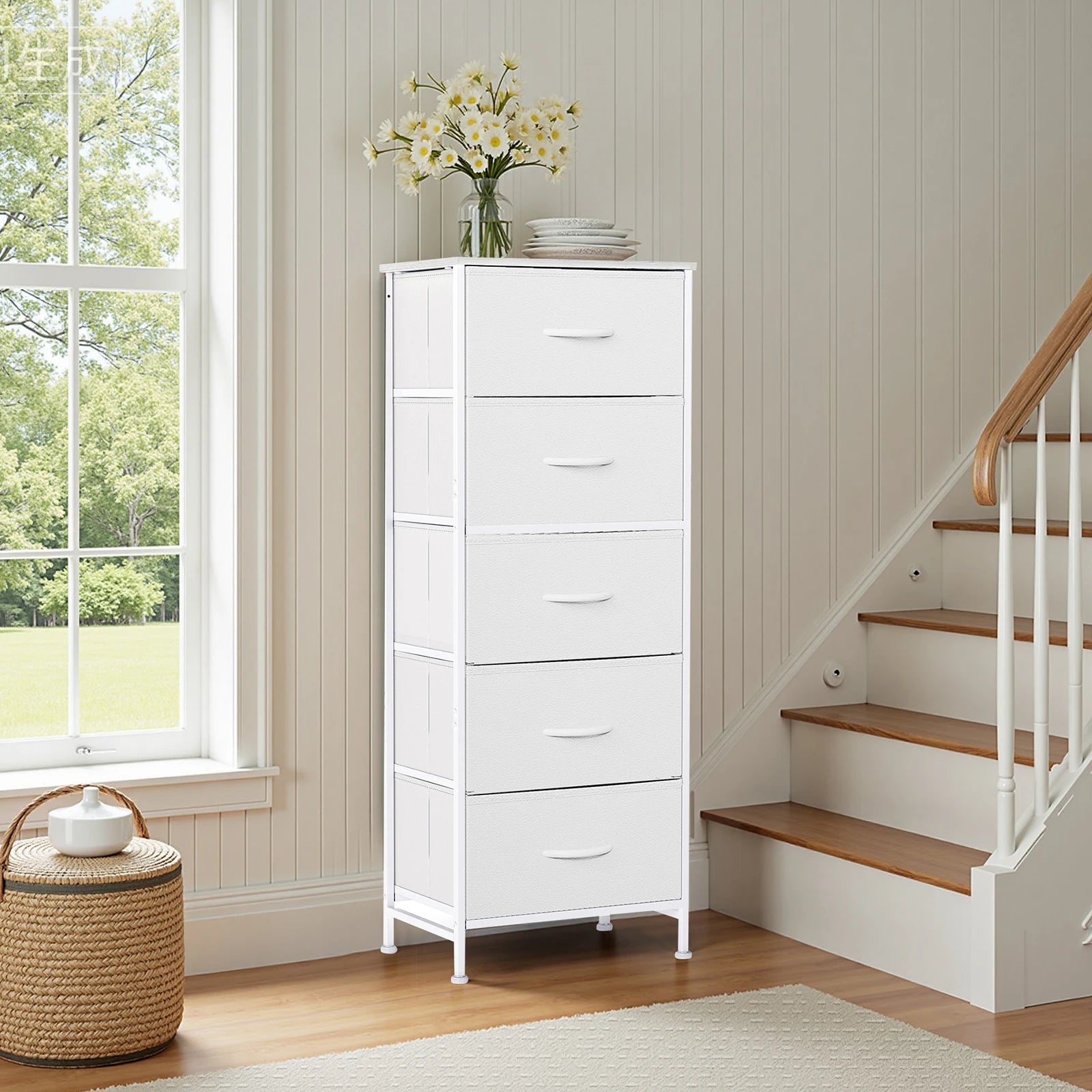 48IN Dresser For Bedroom With 5 Drawers.  Nightstand Wardrobe Steel Frame Closet For Clothes Storage