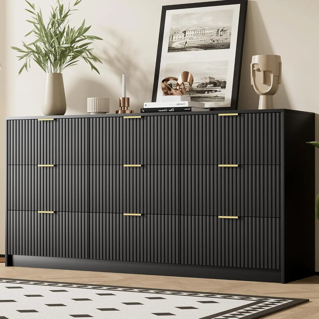 Modern Black Dresser with 9 Drawers, Golden Handles, Smooth Slides for Bedroom Living Room Storage