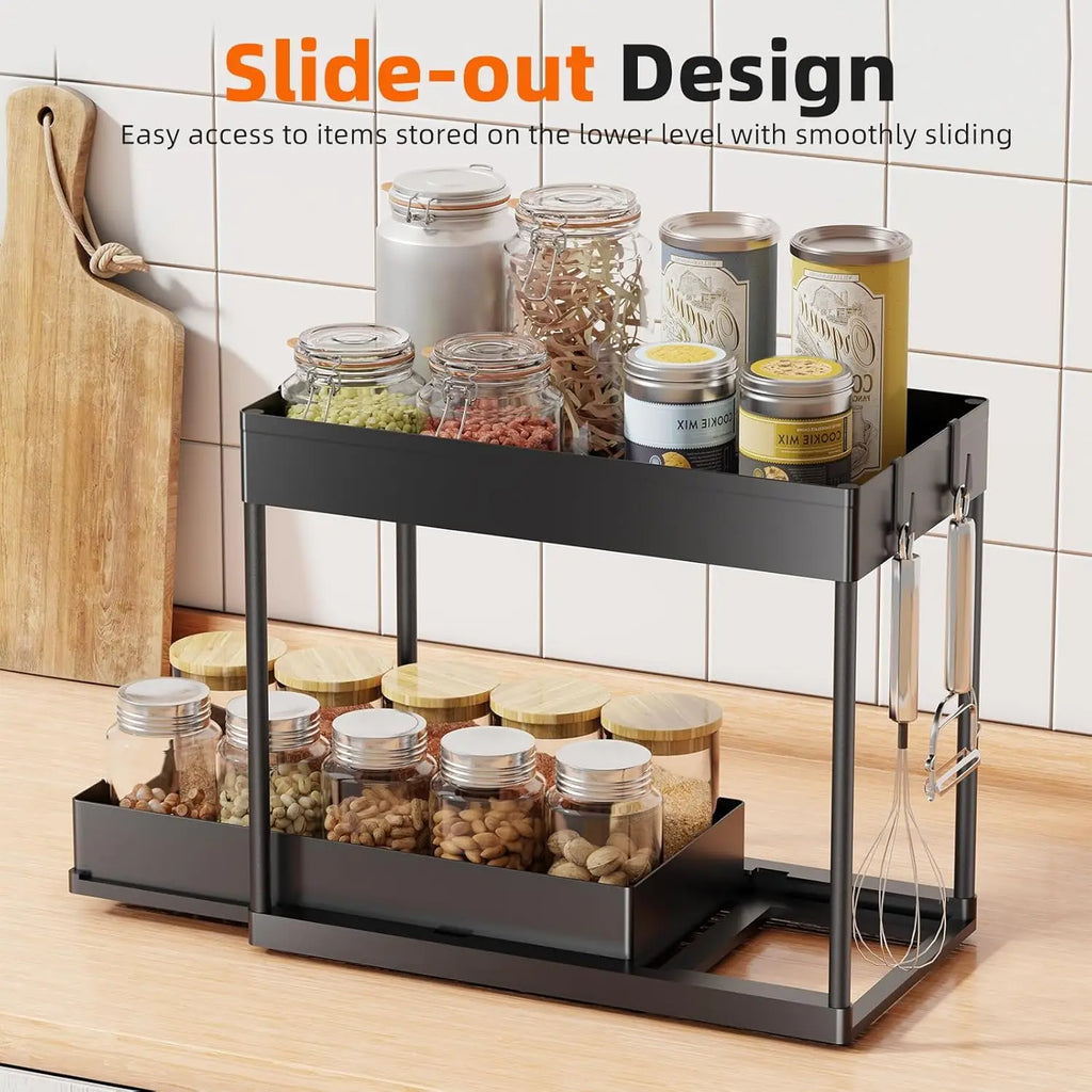 Under-sink storage rack for bathrooms, and countertops