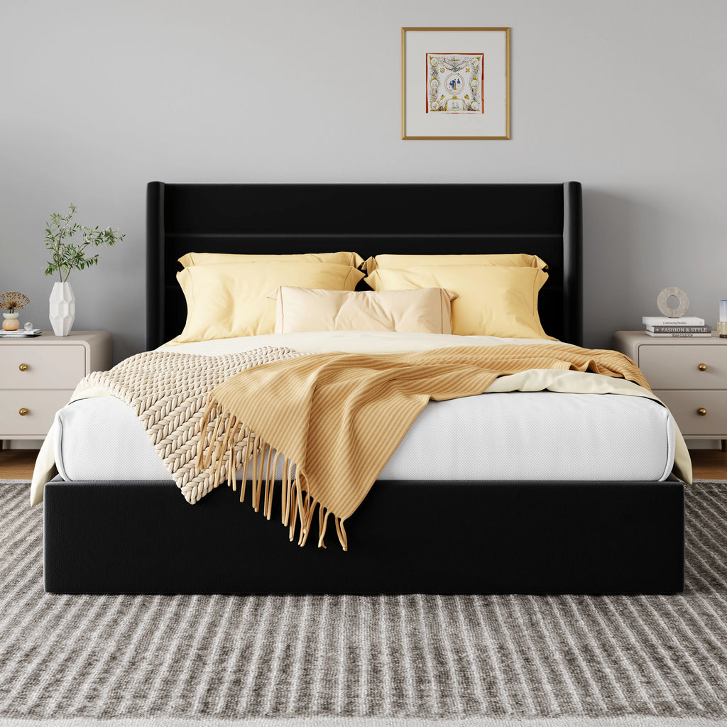 Lift Up Storage Bed with Wingback Headboard Large Underneath Storage