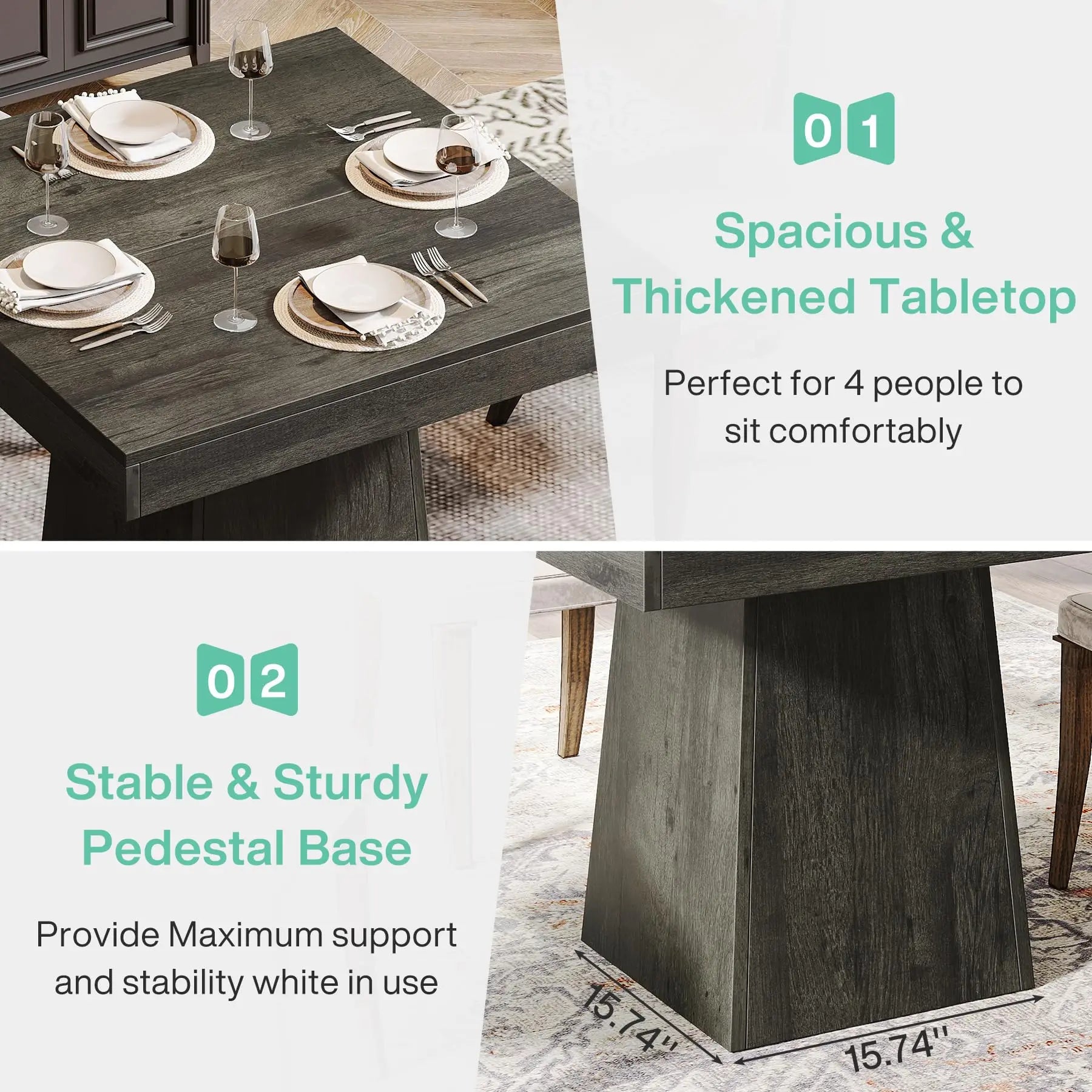Square Dining Table with Sturdy Pedestal Base, Farmhouse Dining Room