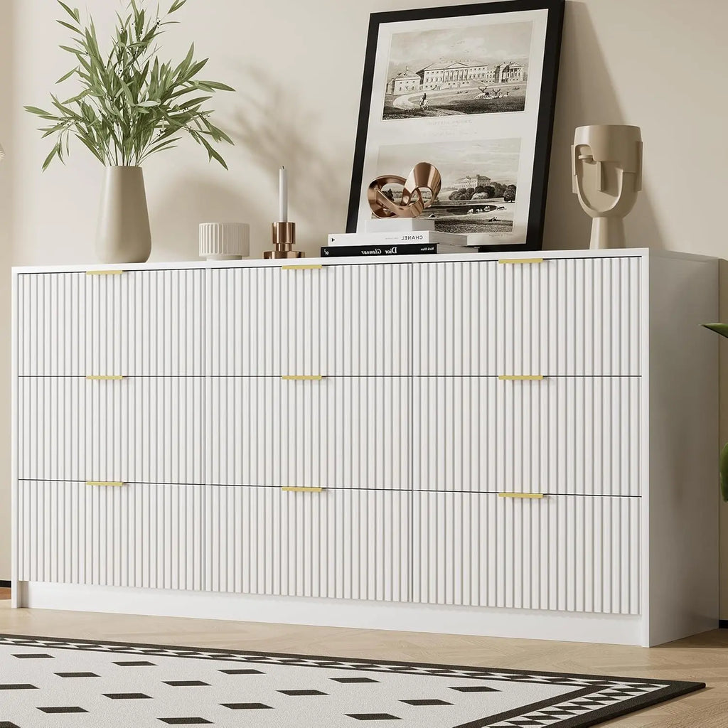 Modern Black Dresser with 9 Drawers, Golden Handles, Smooth Slides for Bedroom Living Room Storage