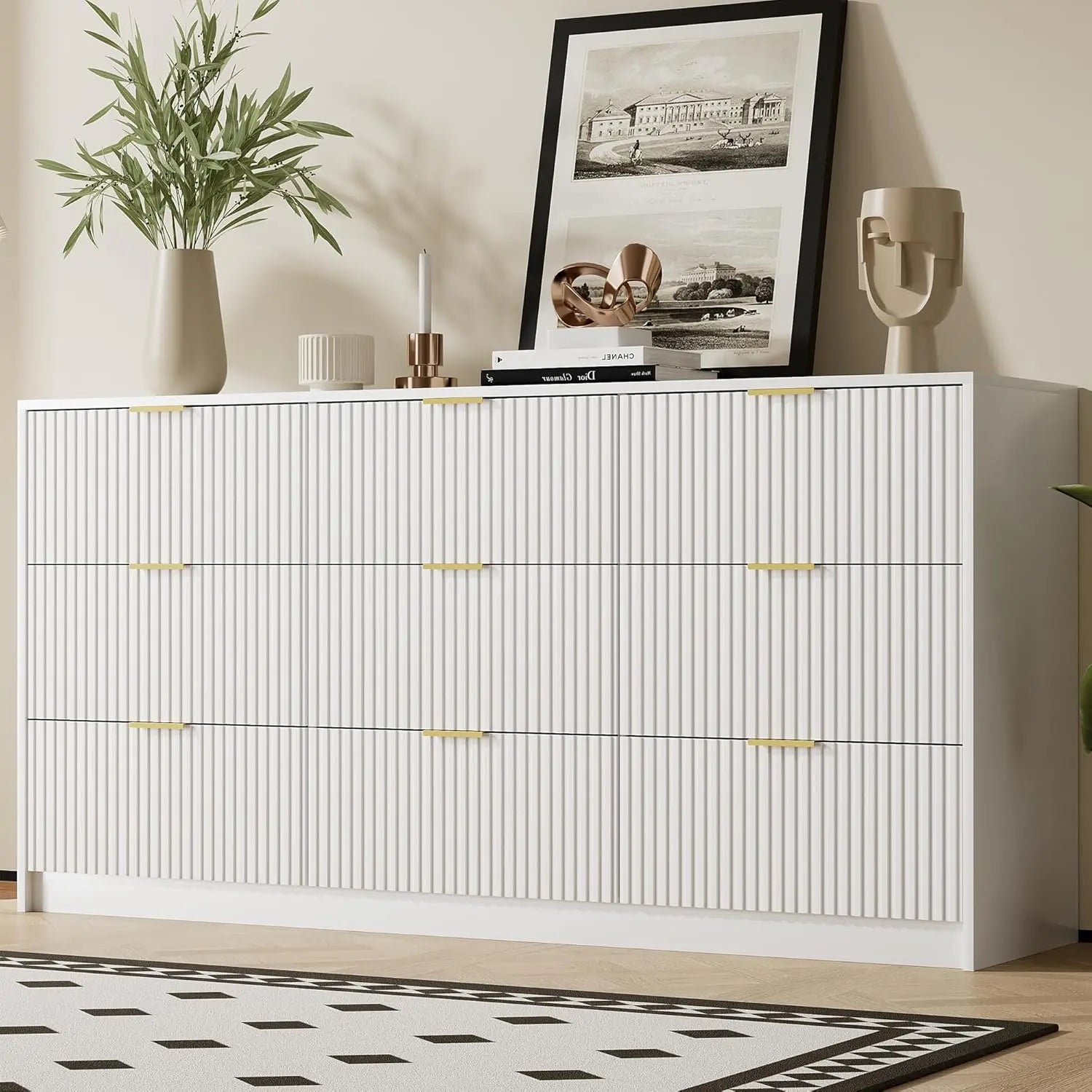 Modern Black Dresser with 9 Drawers, Golden Handles, Smooth Slides for Bedroom Living Room Storage