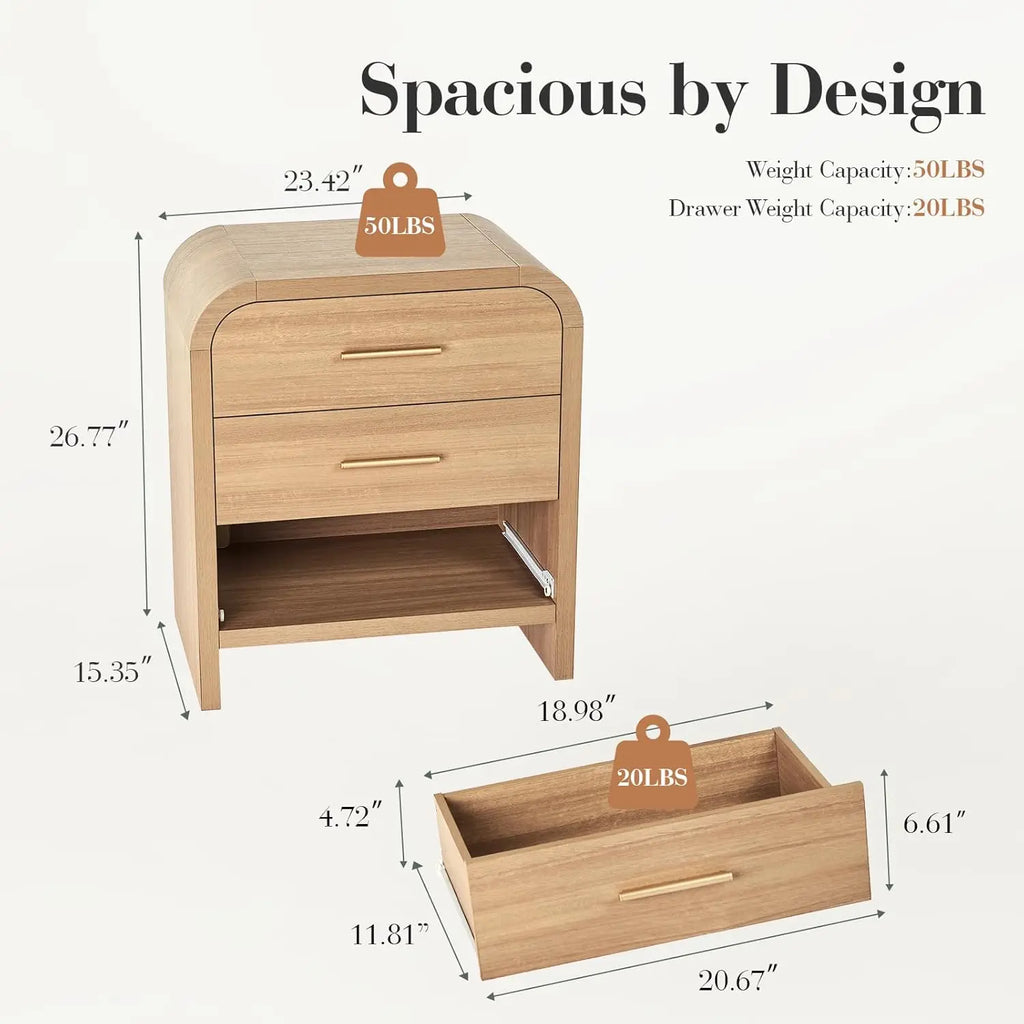 Set of 2, Curved Modern Night Stand with 3-Drawer