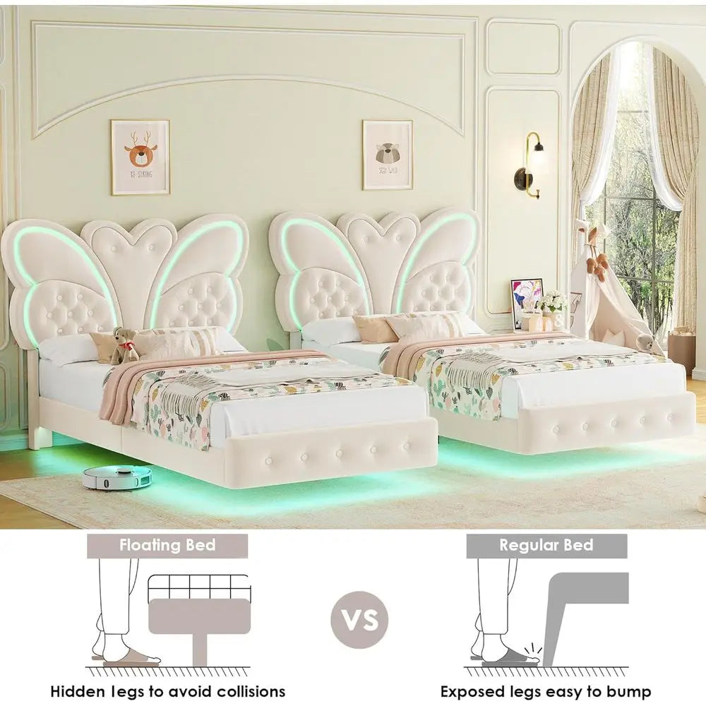 Modern Butterfly-Pattern Twin Bed Frame with LED Lights, Button Tufted Upholstered Headboard and Footboard, Slat Support