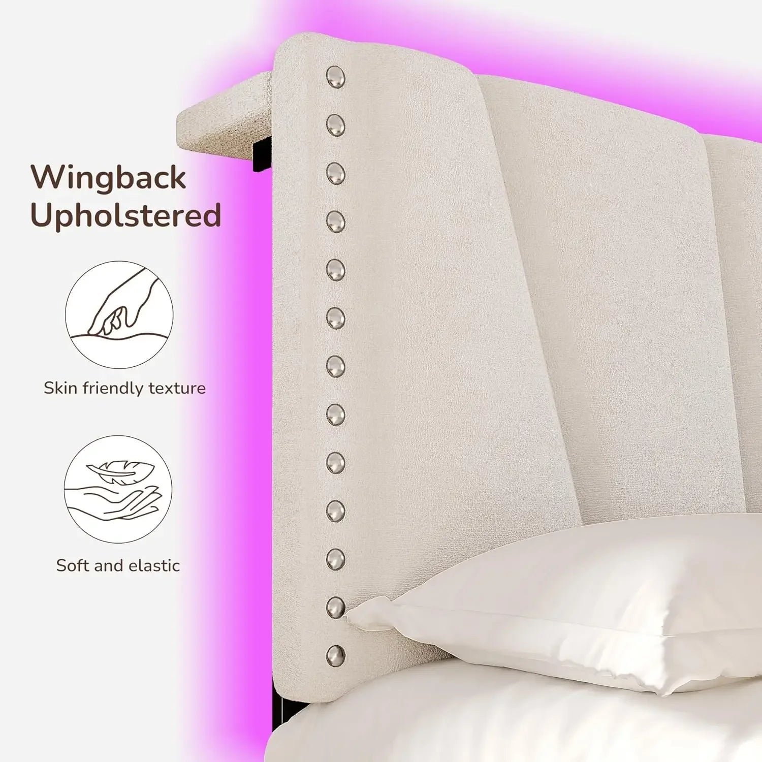 Velvet Headboard and LED Lights， Storage Headboard Platform Bed with Charging Station