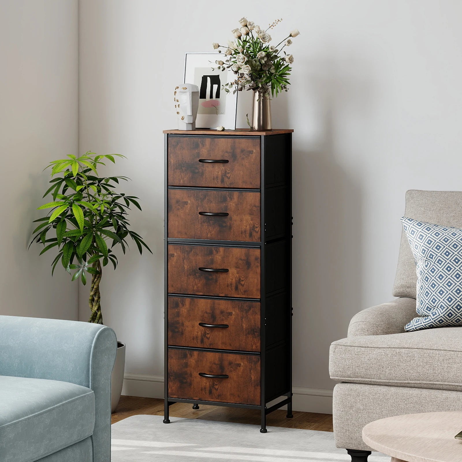 48IN Dresser For Bedroom With 5 Drawers.  Nightstand Wardrobe Steel Frame Closet For Clothes Storage