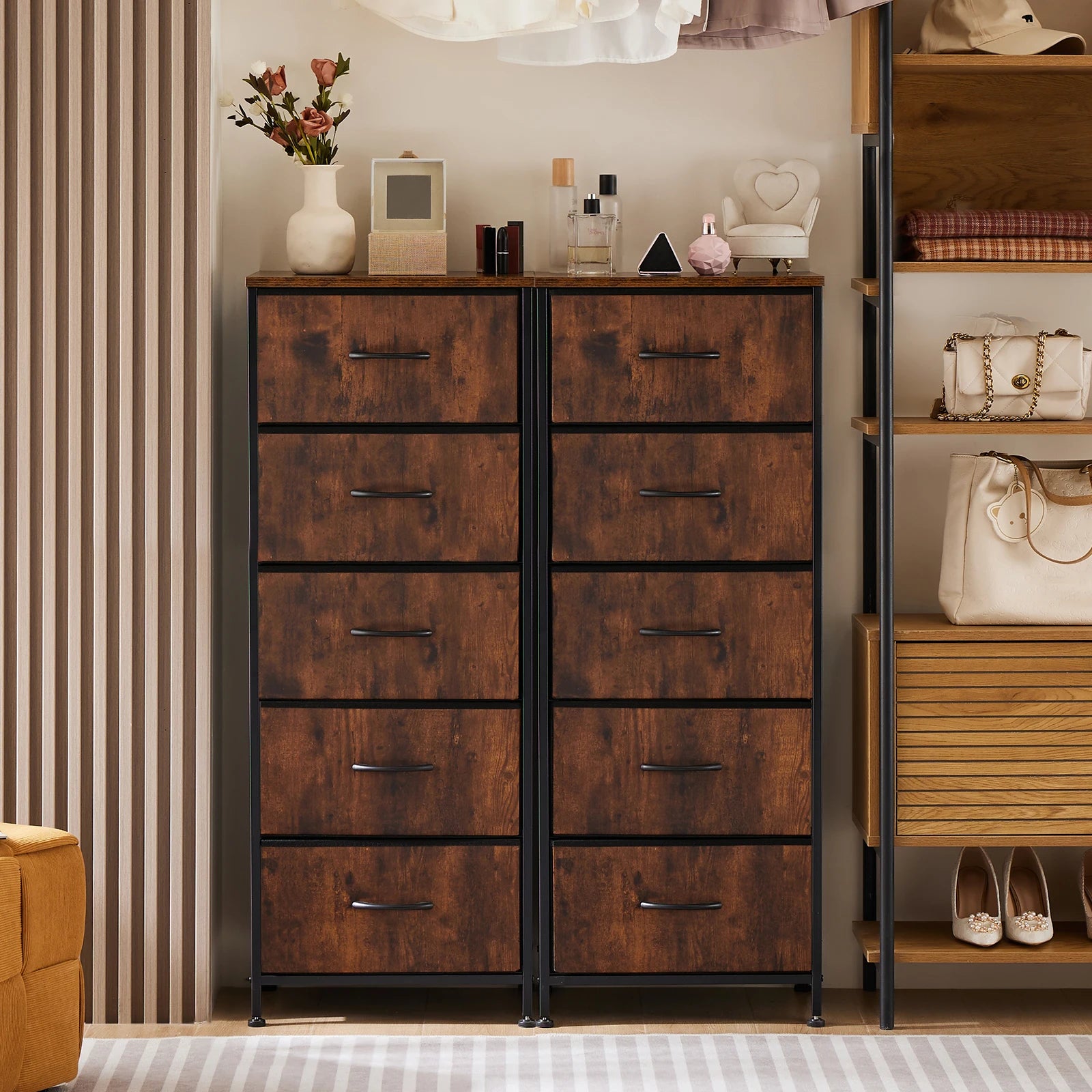 48IN Dresser For Bedroom With 5 Drawers.  Nightstand Wardrobe Steel Frame Closet For Clothes Storage