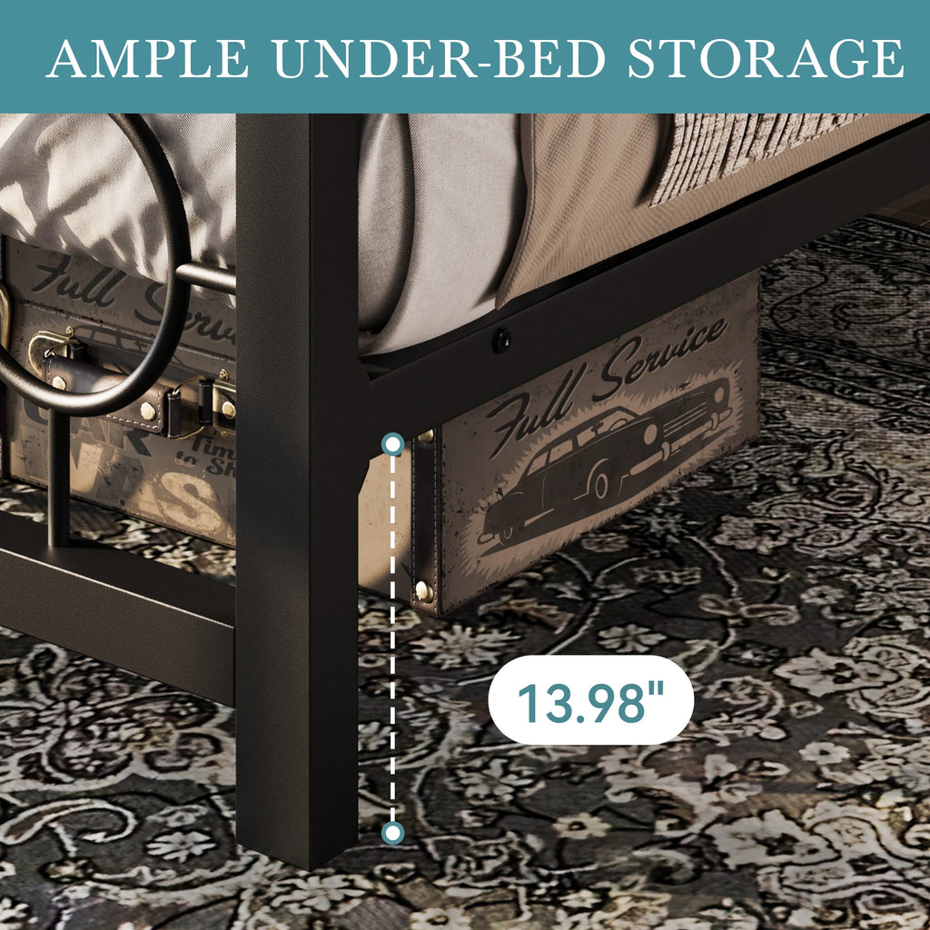 Metal Platform Bed Frame with Vintage Circular Design Headboard and Footboard,  Extra Under-Bed Storage