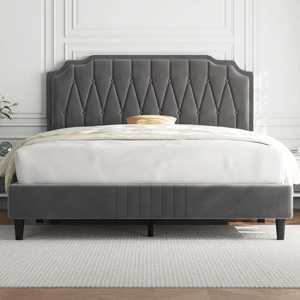 Queen Bed Frame Velvet Upholstered Platform Bed with Curved Headboard
