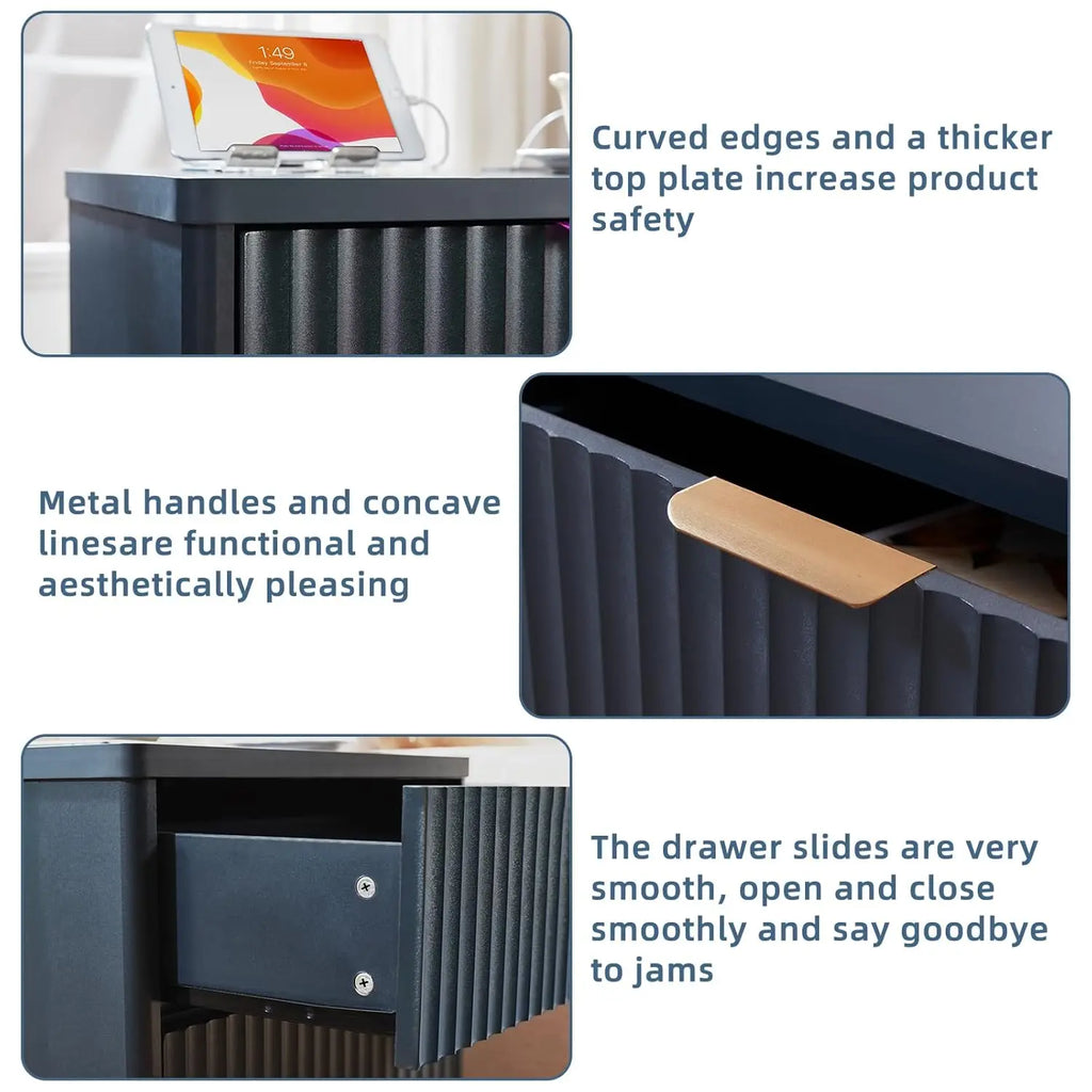 23" Wide Fluted Night Stand with Charging Station, 3 Drawers