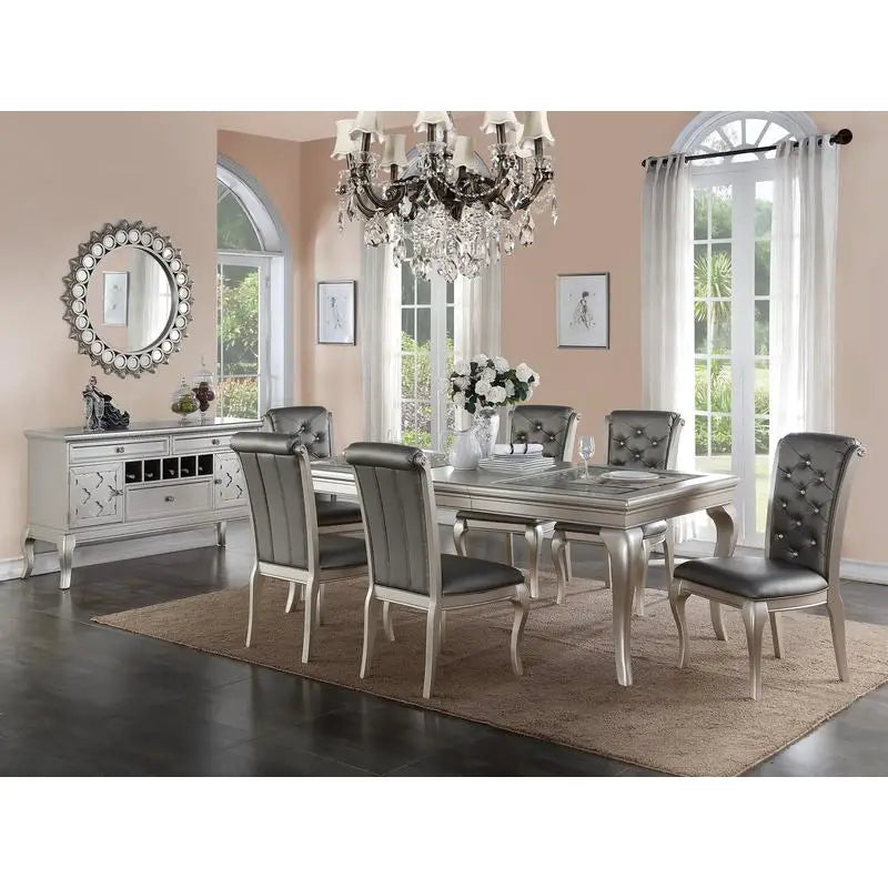 7pc Rect. Glass Dining Table Set w/ Silver Hue & 6 Tufted Side Chairs