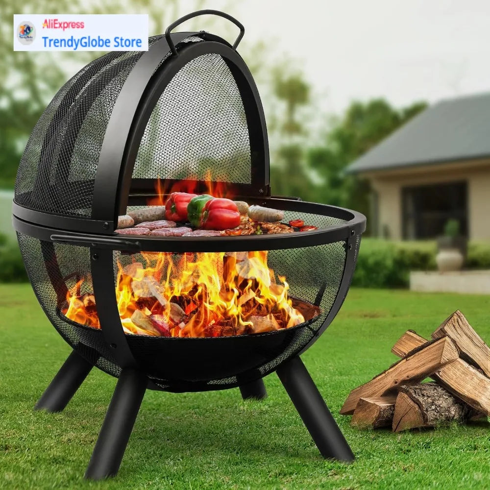 Large Round Fire Pit With BBQ Grill