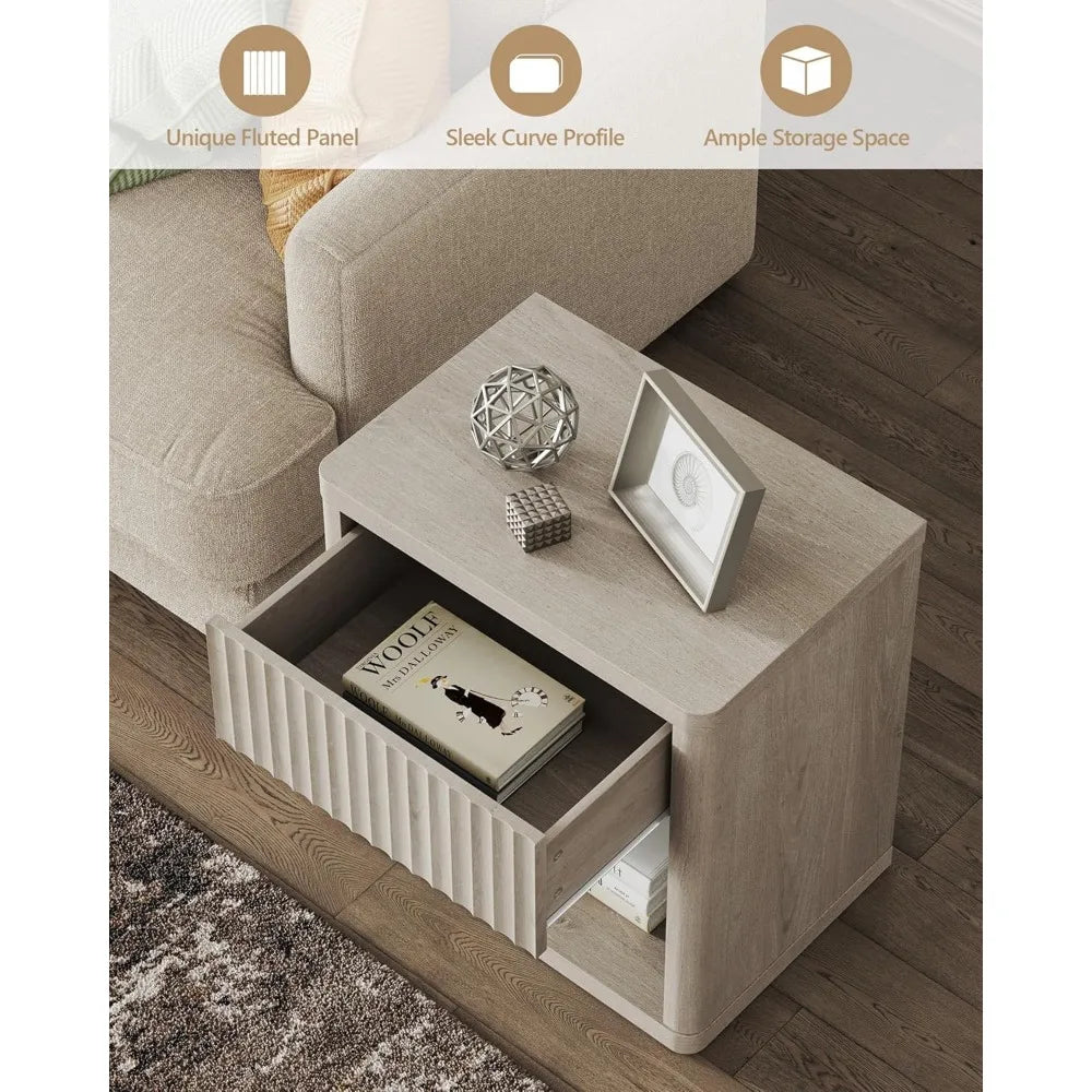 Set of 2 Nightstands with Drawer Storage Fluted Bed Side Table